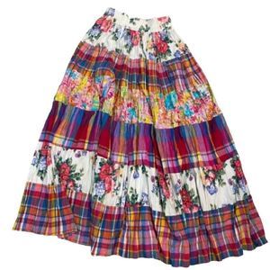 Susan Bristol Women's Red Multicolor Cotton Floral & Plaid Lined Boho Skirt